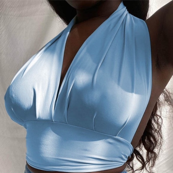 Tops - Boutique Solid Tie Back Blue Halter Crop Top
